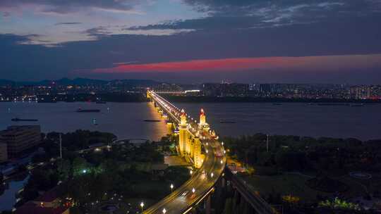 南京各桥梁航拍延时晚霞日转夜日出