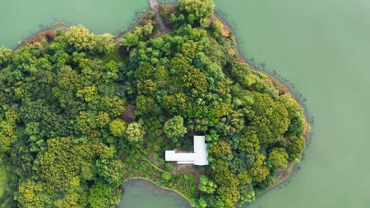 树木茂密的岛屿与青色的湖水视频素材模板下载