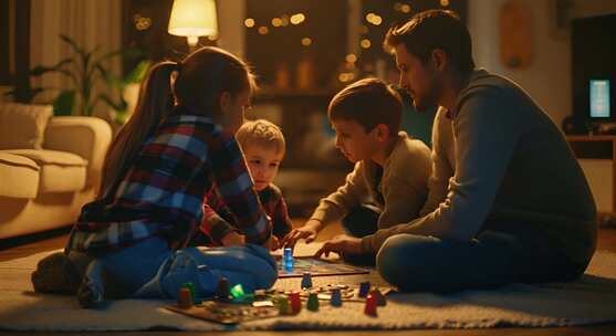男人和他的三个孩子在客厅玩的完整镜头