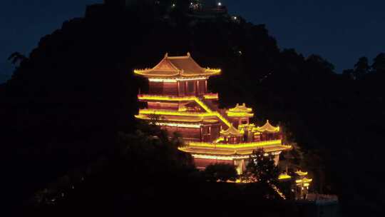 航拍秦岭山南五台寺庙日落夜景灯光