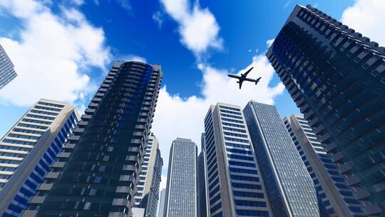 4K 民航客机飞过城市商务写字楼楼顶