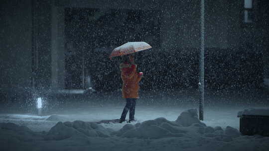 降雪时，年轻的非洲妇女撑着雨伞站在街上