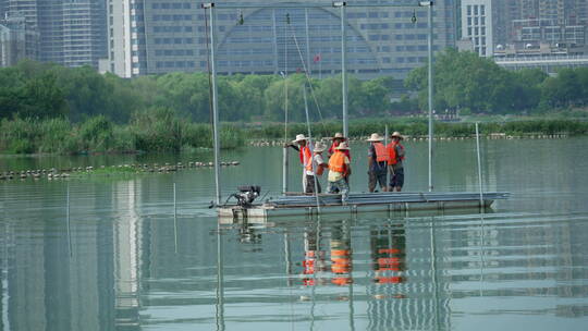 武汉市汉阳区墨水湖公园工作人员在水里打桩