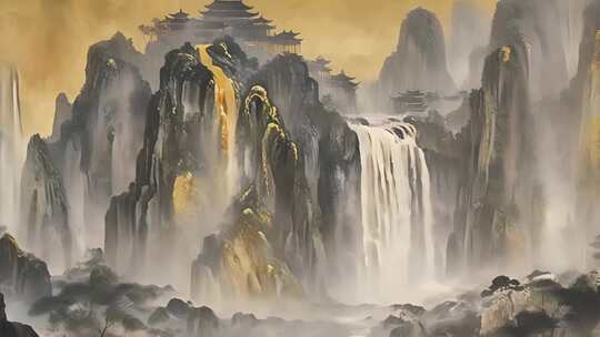 高山流水瀑布的中国风山水动画