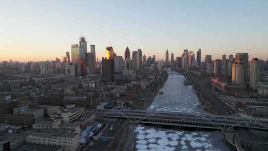 天津海河风景小白楼CBD城市风光傍晚航拍