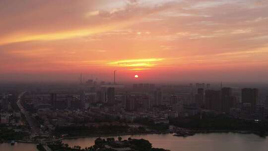 城市日落晚霞夕阳火烧云航拍聊城