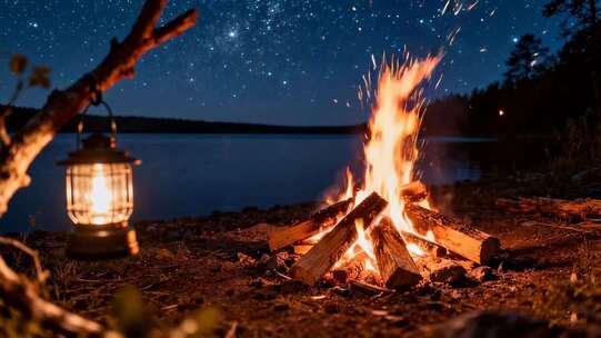 湖畔星空下的篝火与灯笼