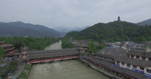 旅游景区 航拍都江堰 水闸入水到主河道