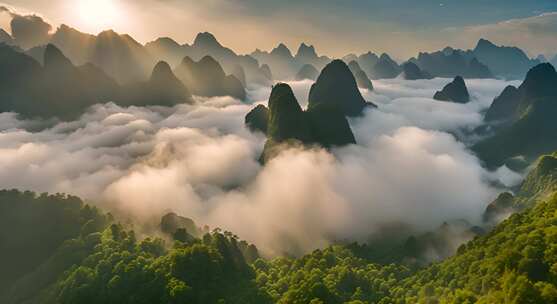 桂林山水合集山峰云海群山云雾缭绕自然风景