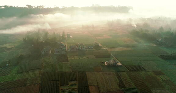 航拍四川农村早晨薄雾中的美丽风景