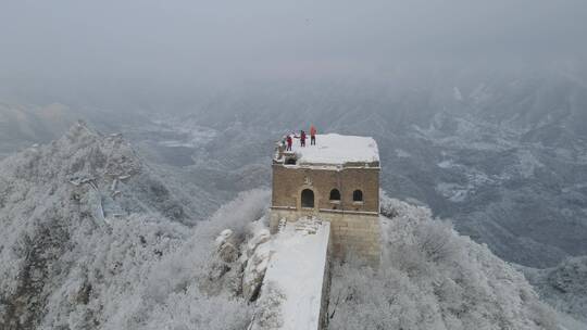 航拍 冬季雪天的箭扣长城