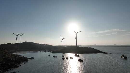 大海风车航拍海岛海上发电海洋风力风车发电