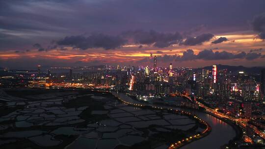 香港湿地公园看深圳福田夜景福田日落左横移