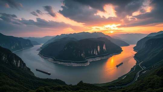 长江三峡壮丽日落风光