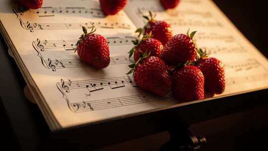 乐谱上摆放的新鲜草莓
