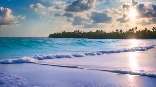 海滩海浪与阳光椰林景观