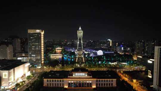 浙江杭州西湖文化广场夜景灯光航拍