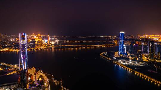 4K珠海十字门眺望澳门夜景城市风光航拍视频