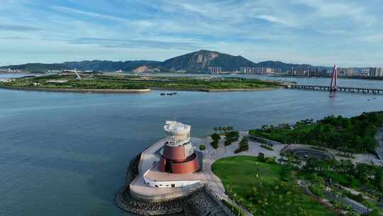 航拍福建厦门湾漳州港海岸线海错馆风光