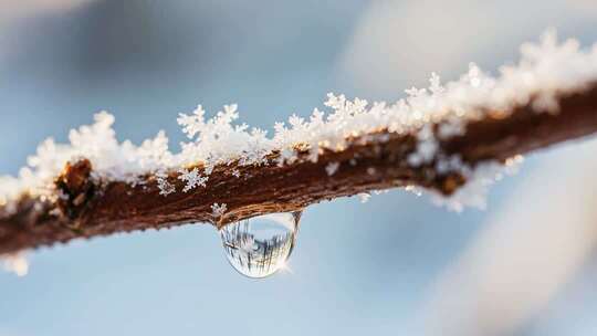 覆雪树枝上的晶莹水滴