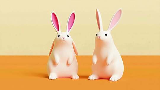 两个白兔摆件特写素材