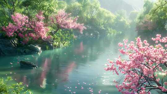 唯美春天溪水边的绿树和鲜花