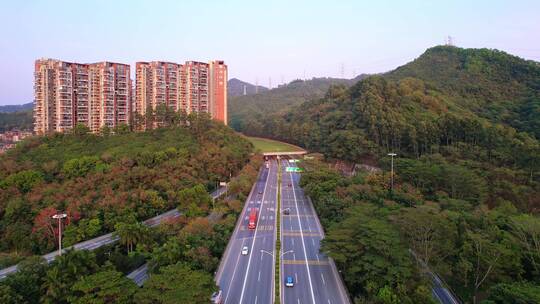 深圳龙华区城郊道路交通枢纽夕阳下航拍