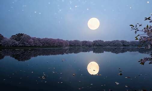 满月下湖面倒影着樱花树的宁静美景