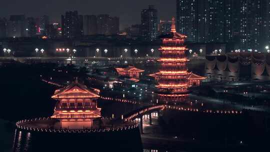 航拍洛阳朱樱塔夜景