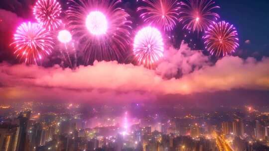 城市上空绽放的绚烂烟花