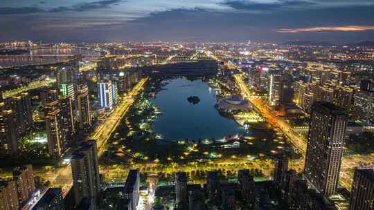 杭州钱塘区下沙金沙湖夜景航拍延时4K