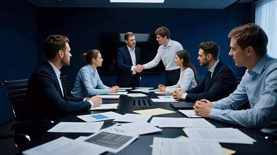 商务人士会议室握手洽谈