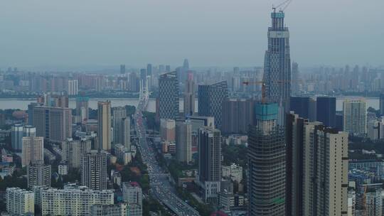 武汉江滩航拍长江大桥在建大楼城市高楼