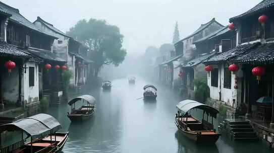 江南水乡河道与游船景象