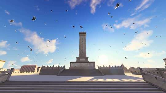 人民英雄纪念碑和飞翔的和平鸽