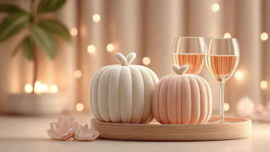 精致南瓜与香槟杯的浪漫家居氛围
