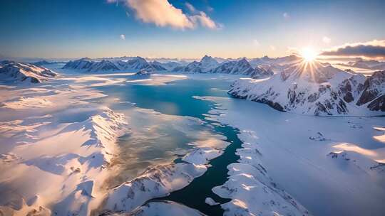 雪山湖泊日出全景