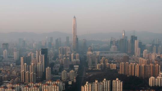 深圳平安大厦远景视频夕阳里深圳高楼黄昏