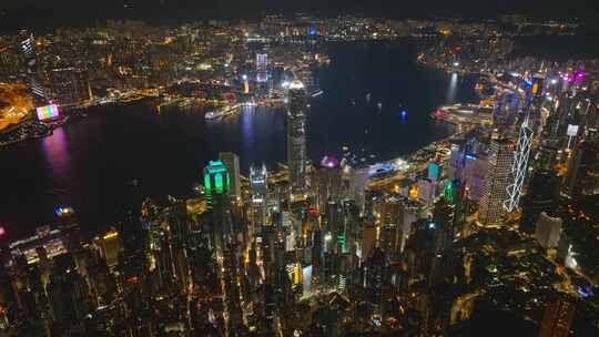 后移香港城市建筑夜景航拍视频4K30P视频素材模板下载