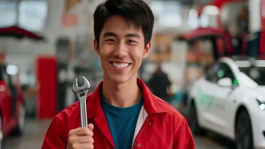 汽修工人手持扳手微笑特写