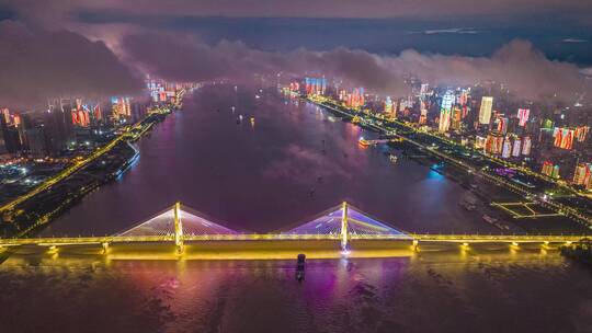 航拍武汉长江灯光秀沿岸穿云夜景游轮游船视频素材模板下载