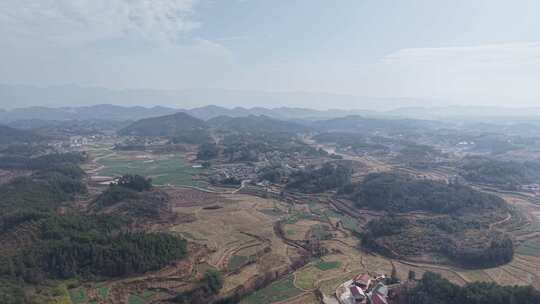 乡村全景俯瞰，绿意盎然的田园风光