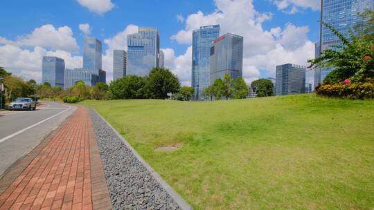 园林城市高楼建筑风光公园广场草地视频素材模板下载