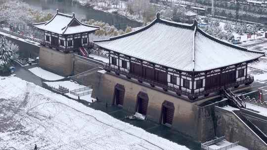 航拍洛阳定鼎门雪景视频素材模板下载