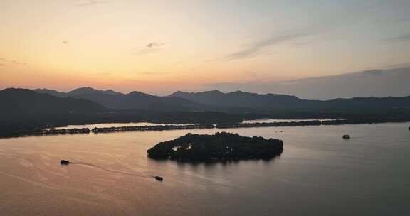 航拍杭州西湖日落美景