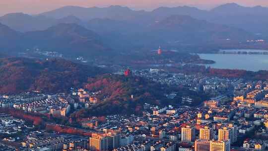 杭州城隍阁雷峰塔清晨航拍