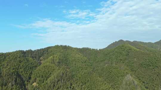 蓝天白云下的葱郁山林全景