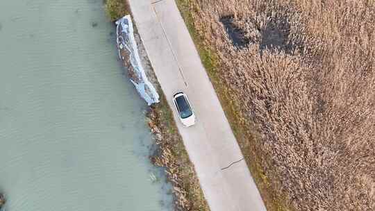 湿地公路上行驶的汽车