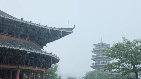 柳州文庙中式庭院古建筑雨景雨季大雨暴雨