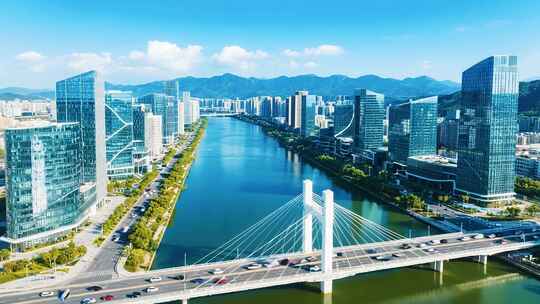 城市河流桥梁与现代建筑景观